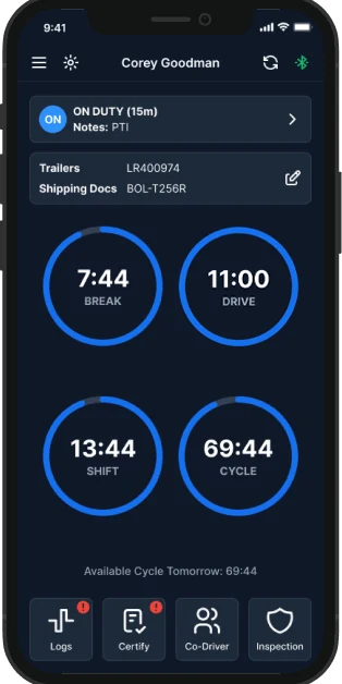 Driver app in night mode, showing duty status and the hours-of-service clocks