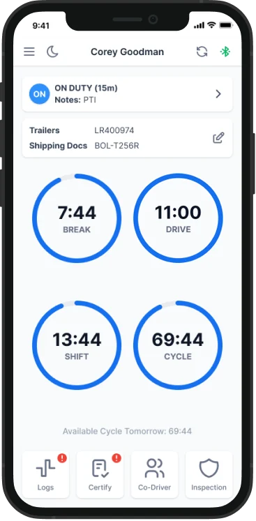 Driver app showing the drive, shift, duty and cycle clocks
