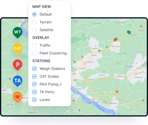 Fleet portal map layer menu with weigh stations, CAT Scales and truck stops switched on