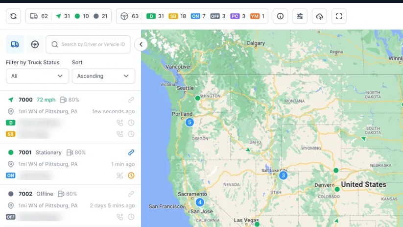 Fleet portal with the vehicle list beside a live map of the western United States